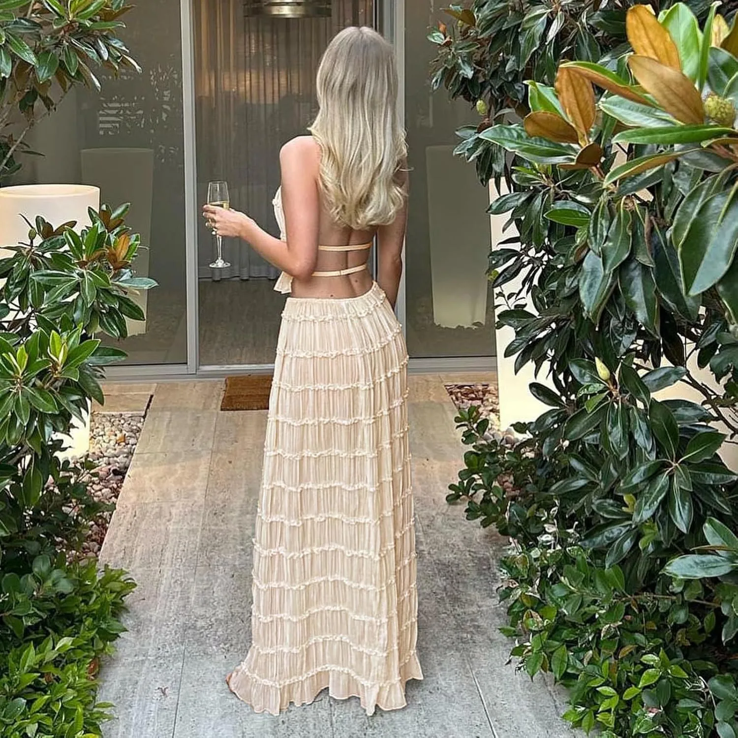 Y2k Maxi Skirt Set for Women Backless Lace Halter Top and Pleated Flowy Skirt Sets Beach Sheer Dress 2 Piece Outfit