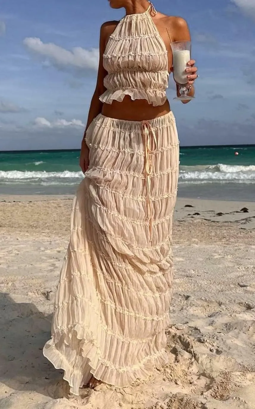 Y2k Maxi Skirt Set for Women Backless Lace Halter Top and Pleated Flowy Skirt Sets Beach Sheer Dress 2 Piece Outfit