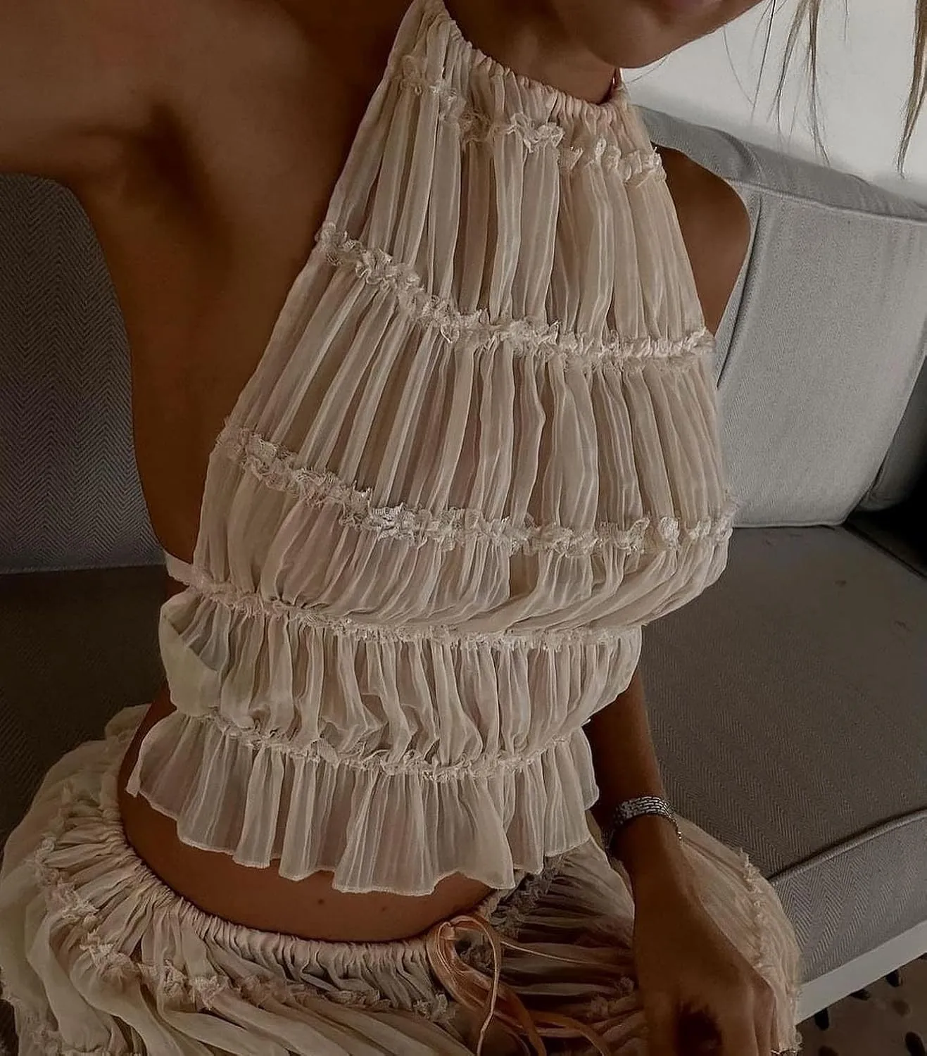 Y2k Maxi Skirt Set for Women Backless Lace Halter Top and Pleated Flowy Skirt Sets Beach Sheer Dress 2 Piece Outfit