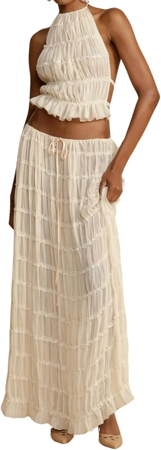 Y2k Maxi Skirt Set for Women Backless Lace Halter Top and Pleated Flowy Skirt Sets Beach Sheer Dress 2 Piece Outfit
