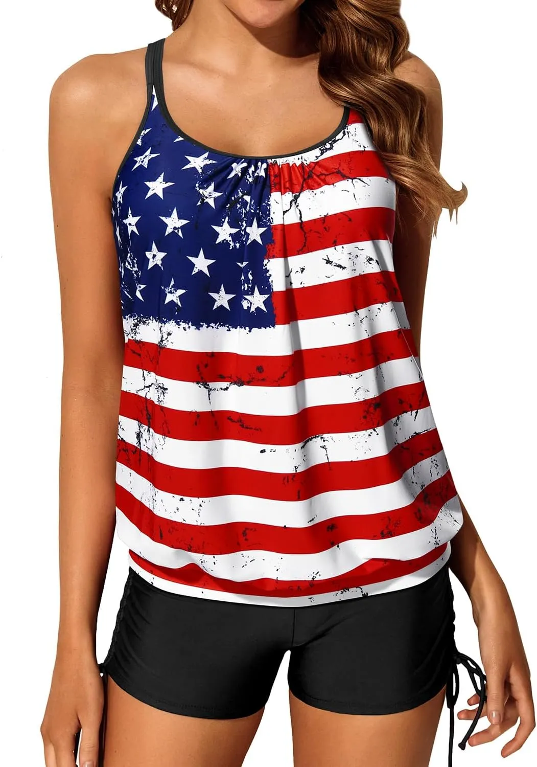 Yonique Womens Blouson Tankini Swimsuits Two Piece Strappy Bathing Suit Tops with Shorts Criss Cross Swimwear