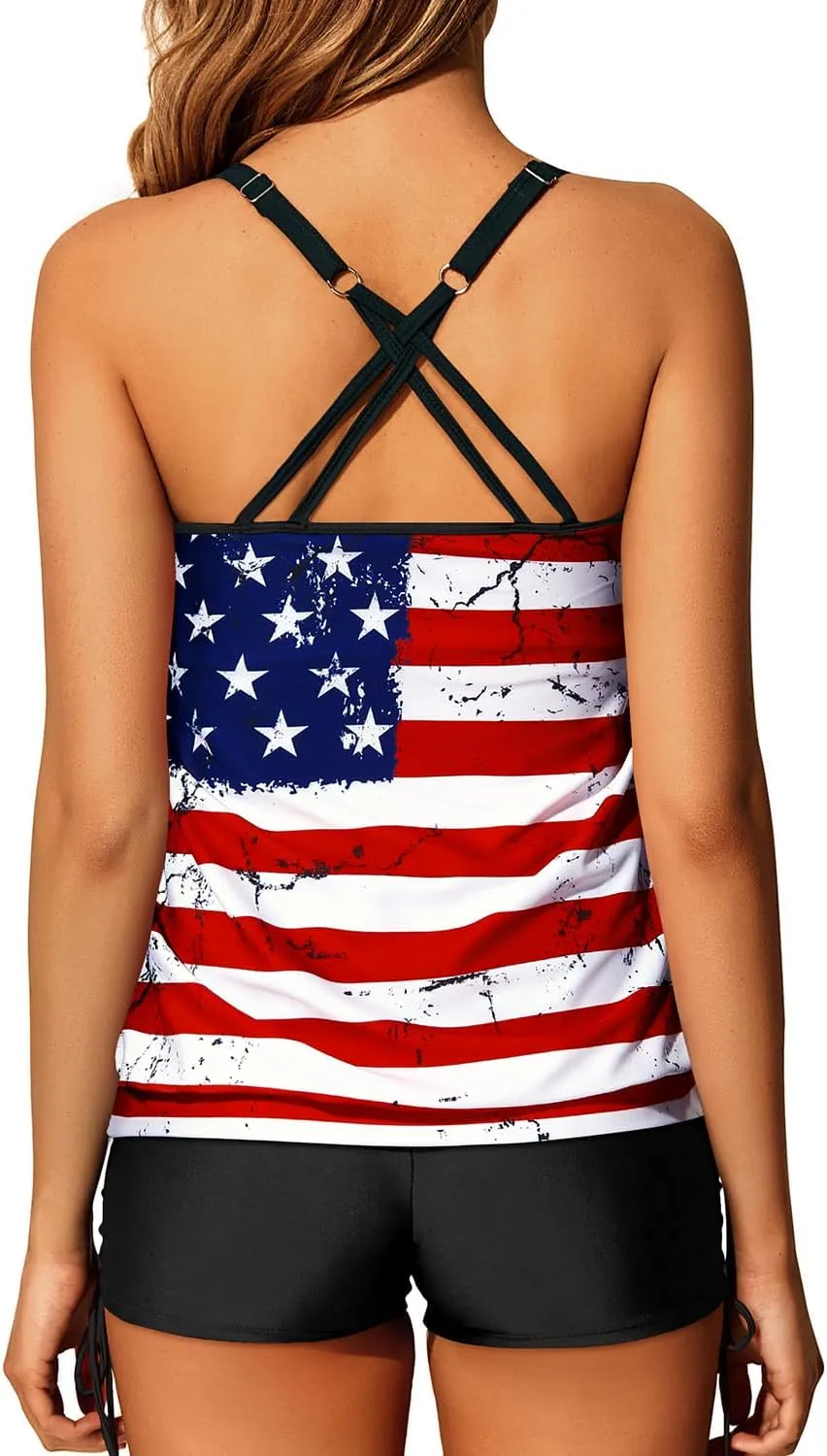Yonique Womens Blouson Tankini Swimsuits Two Piece Strappy Bathing Suit Tops with Shorts Criss Cross Swimwear