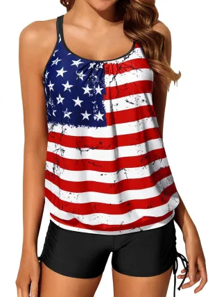 Yonique Womens Blouson Tankini Swimsuits Two Piece Strappy Bathing Suit Tops with Shorts Criss Cross Swimwear