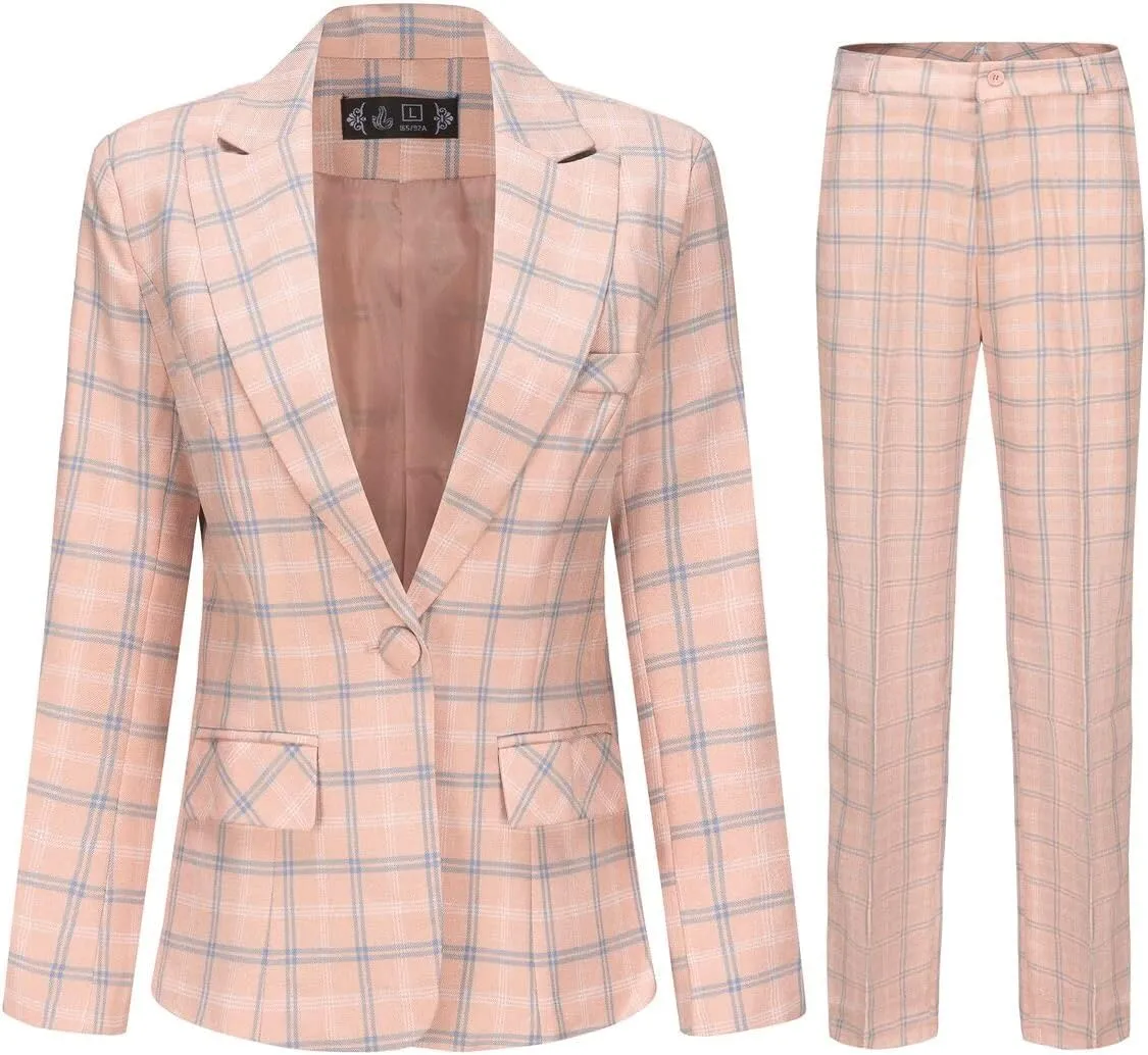 YYNUDA Women's Business Plaid Suit Set Lady 2 Piece 1 Button Office Blazer Jacket and Pants for Work
