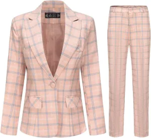 YYNUDA Women's Business Plaid Suit Set Lady 2 Piece 1 Button Office Blazer Jacket and Pants for Work