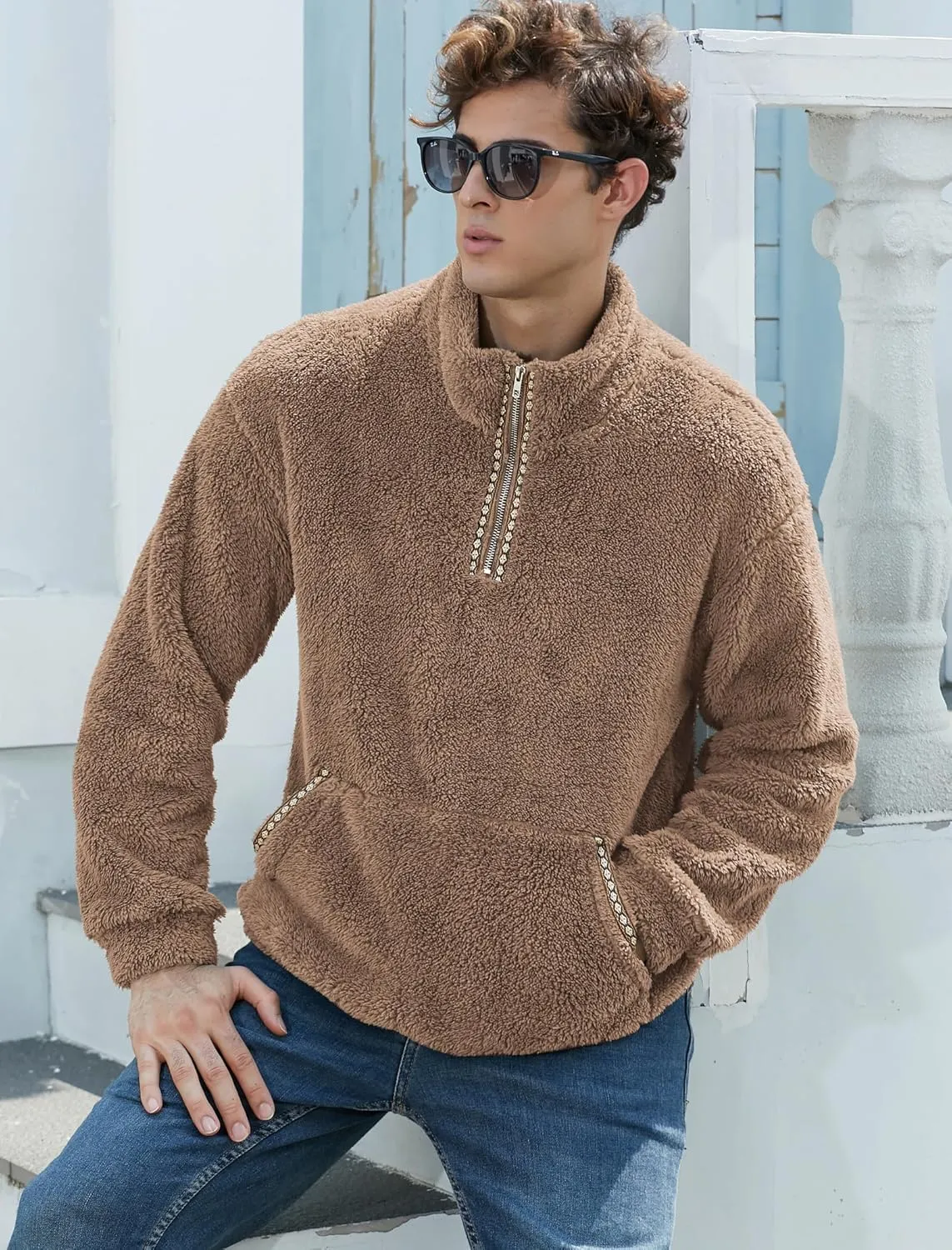 ZAFUL Mens 1/4 Zipper Fleece Sherpa Pullover Sweatshirt Ethnic Aztec Printed Kangaroo Pocket Fall Winter Unisex Hoodie Tops
