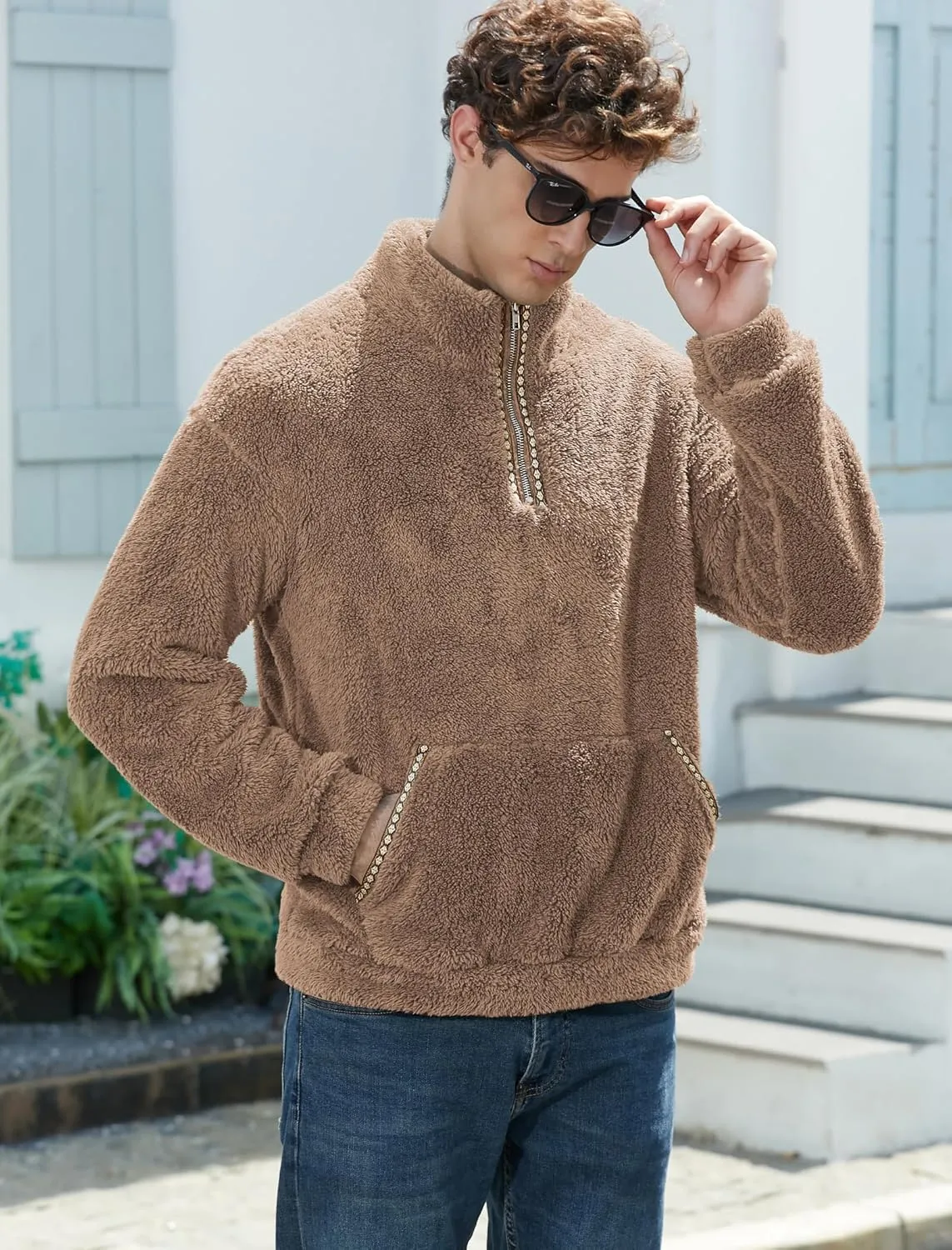 ZAFUL Mens 1/4 Zipper Fleece Sherpa Pullover Sweatshirt Ethnic Aztec Printed Kangaroo Pocket Fall Winter Unisex Hoodie Tops