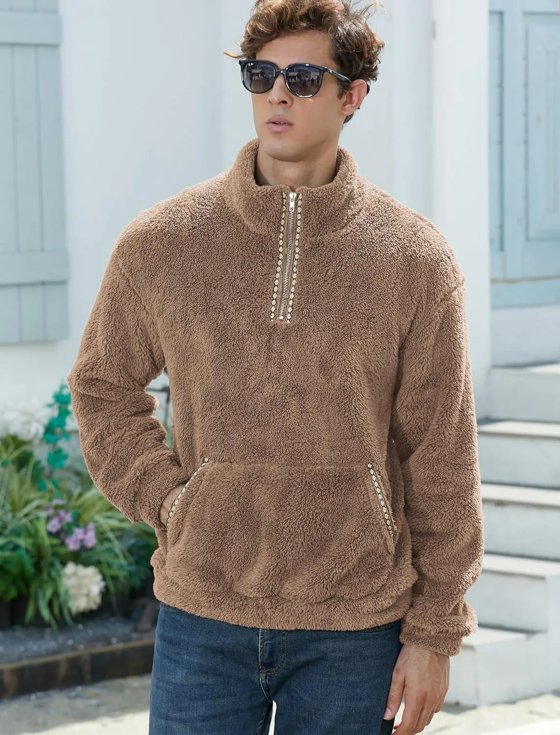ZAFUL Mens 1/4 Zipper Fleece Sherpa Pullover Sweatshirt Ethnic Aztec Printed Kangaroo Pocket Fall Winter Unisex Hoodie Tops