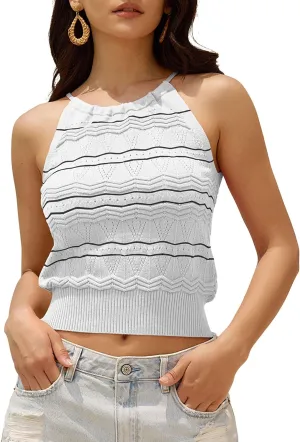 ZAFUL Womens Halter Crochet Tops Backless Sleeveless Hollow Out Summer Sweater Striped Camisole Tank Crop Top