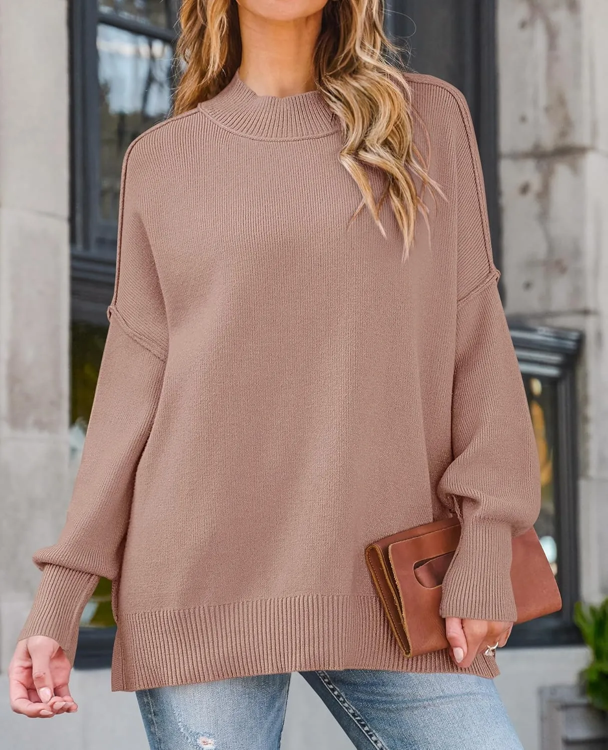 ZESICA Women's Fall Casual Long Sleeve Crew Neck Side Slit Oversized Ribbed Knit Pullover Sweater Tops