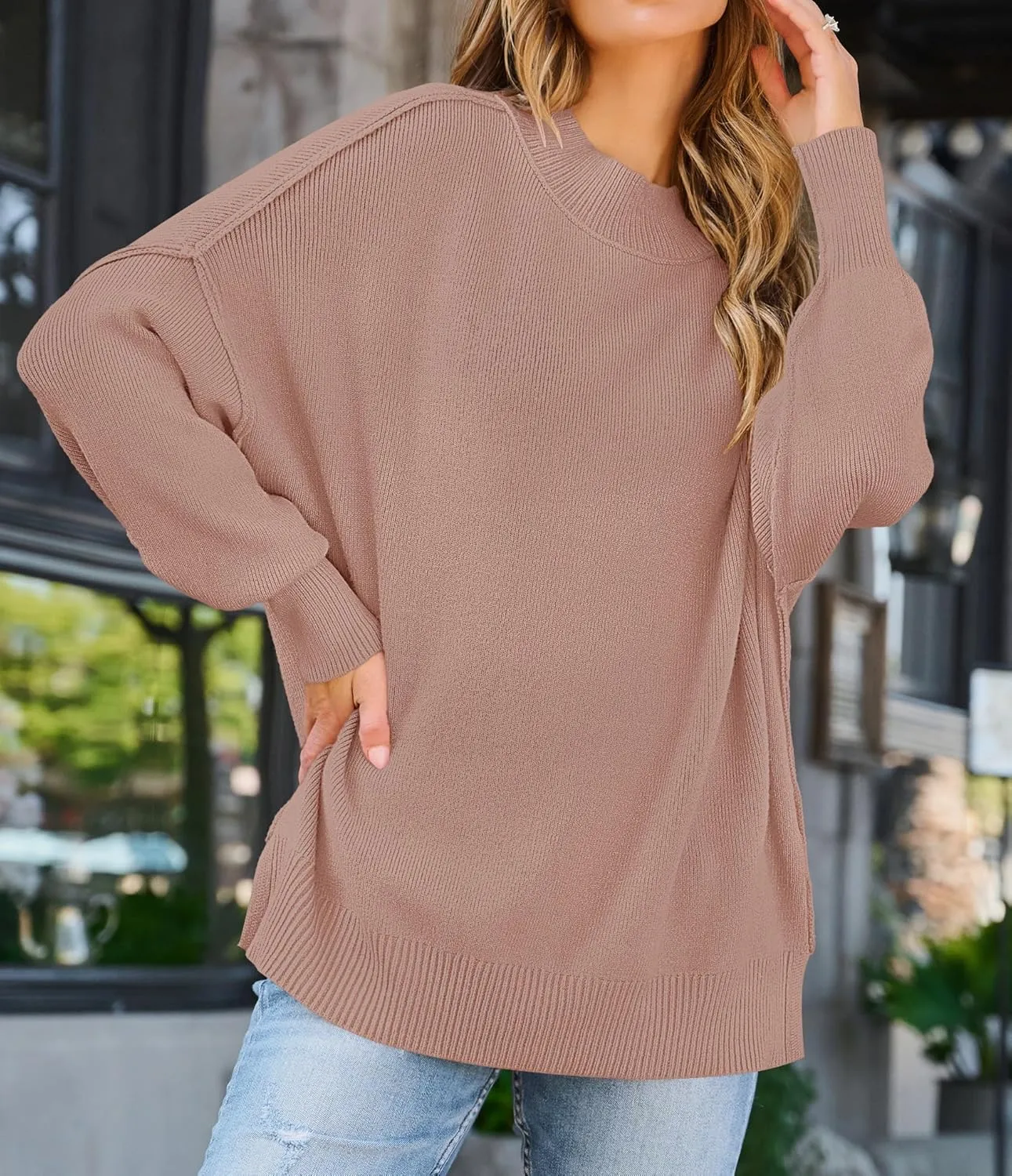 ZESICA Women's Fall Casual Long Sleeve Crew Neck Side Slit Oversized Ribbed Knit Pullover Sweater Tops