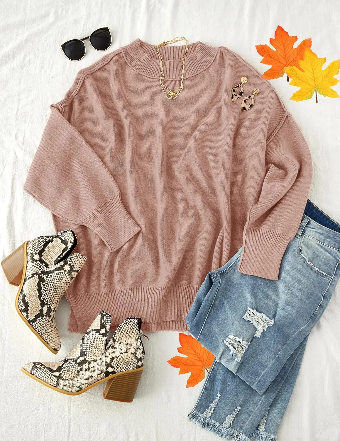 ZESICA Women's Fall Casual Long Sleeve Crew Neck Side Slit Oversized Ribbed Knit Pullover Sweater Tops