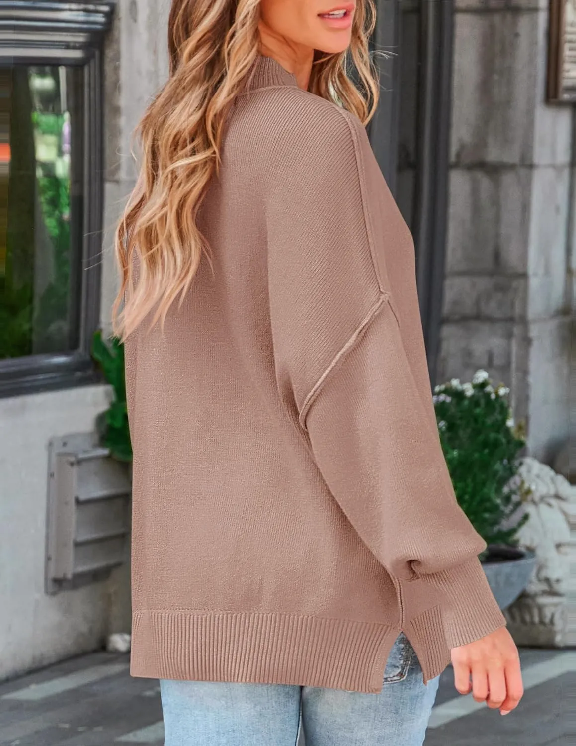 ZESICA Women's Fall Casual Long Sleeve Crew Neck Side Slit Oversized Ribbed Knit Pullover Sweater Tops