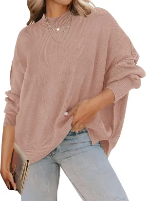 ZESICA Women's Fall Casual Long Sleeve Crew Neck Side Slit Oversized Ribbed Knit Pullover Sweater Tops
