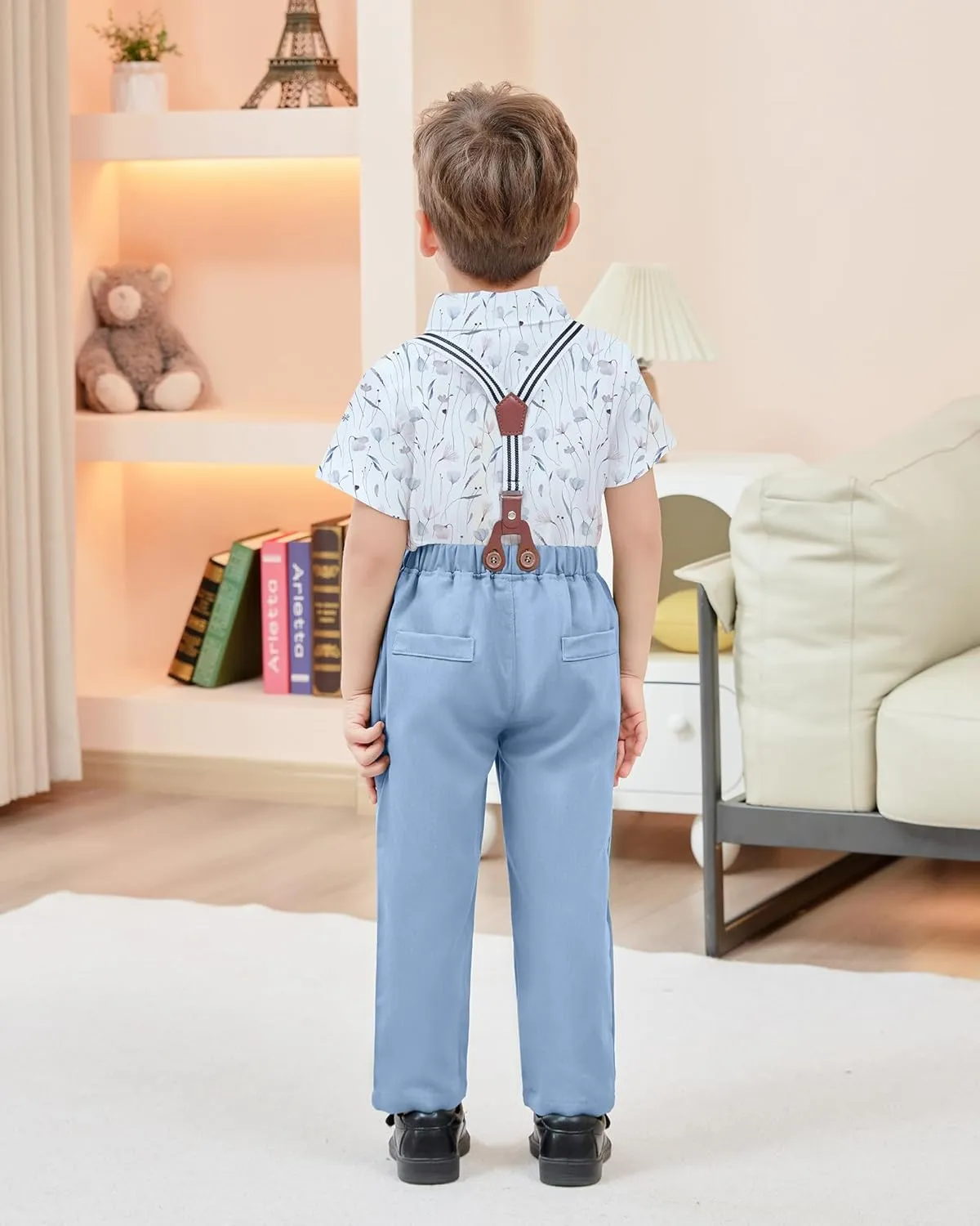 ZOEREA Boys Clothes Formal Suit Gentleman Wedding Outfit Short Sleeve Shirt with Bow Tie and Suspender Pants 2-10 Years
