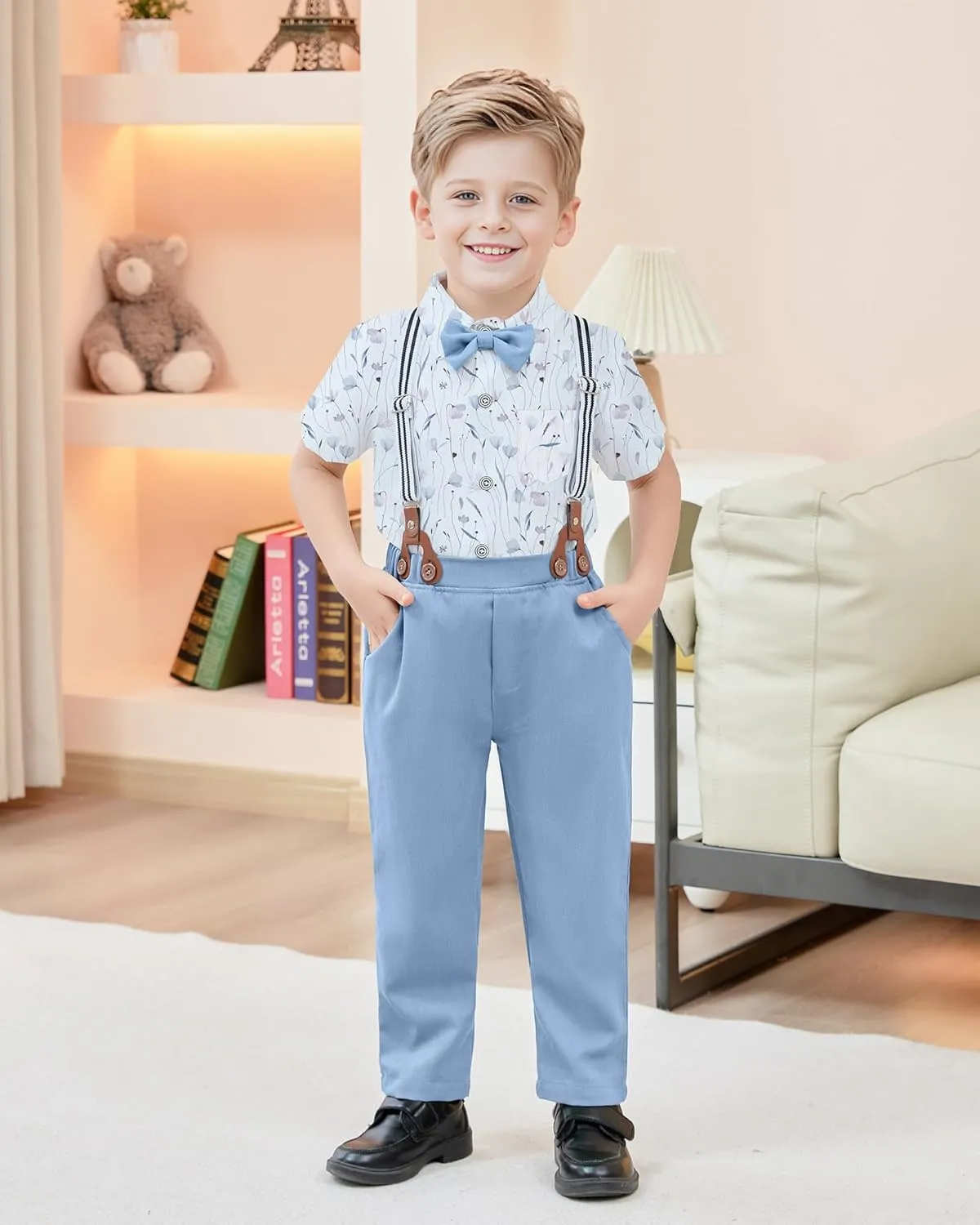 ZOEREA Boys Clothes Formal Suit Gentleman Wedding Outfit Short Sleeve Shirt with Bow Tie and Suspender Pants 2-10 Years