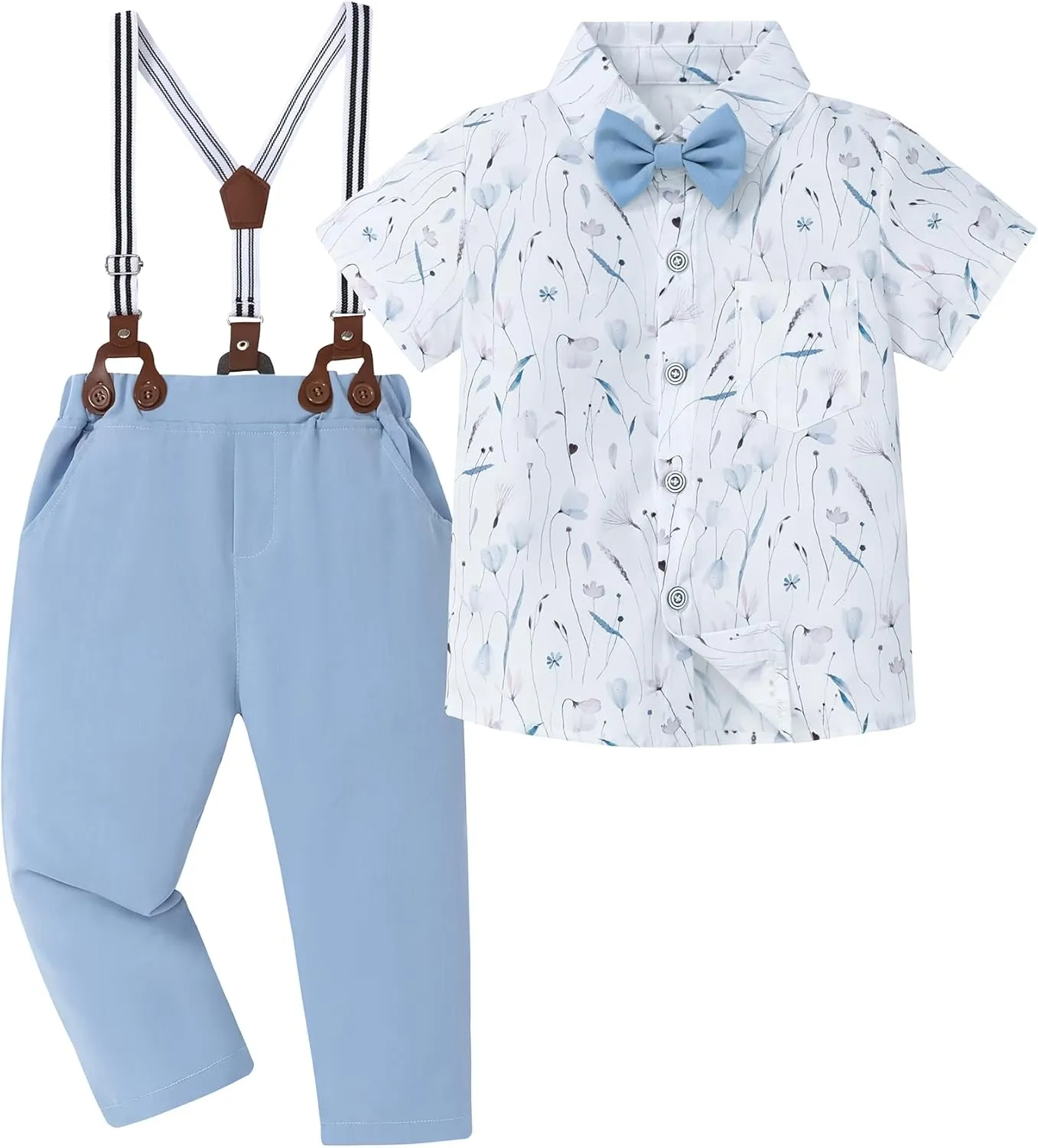 ZOEREA Boys Clothes Formal Suit Gentleman Wedding Outfit Short Sleeve Shirt with Bow Tie and Suspender Pants 2-10 Years