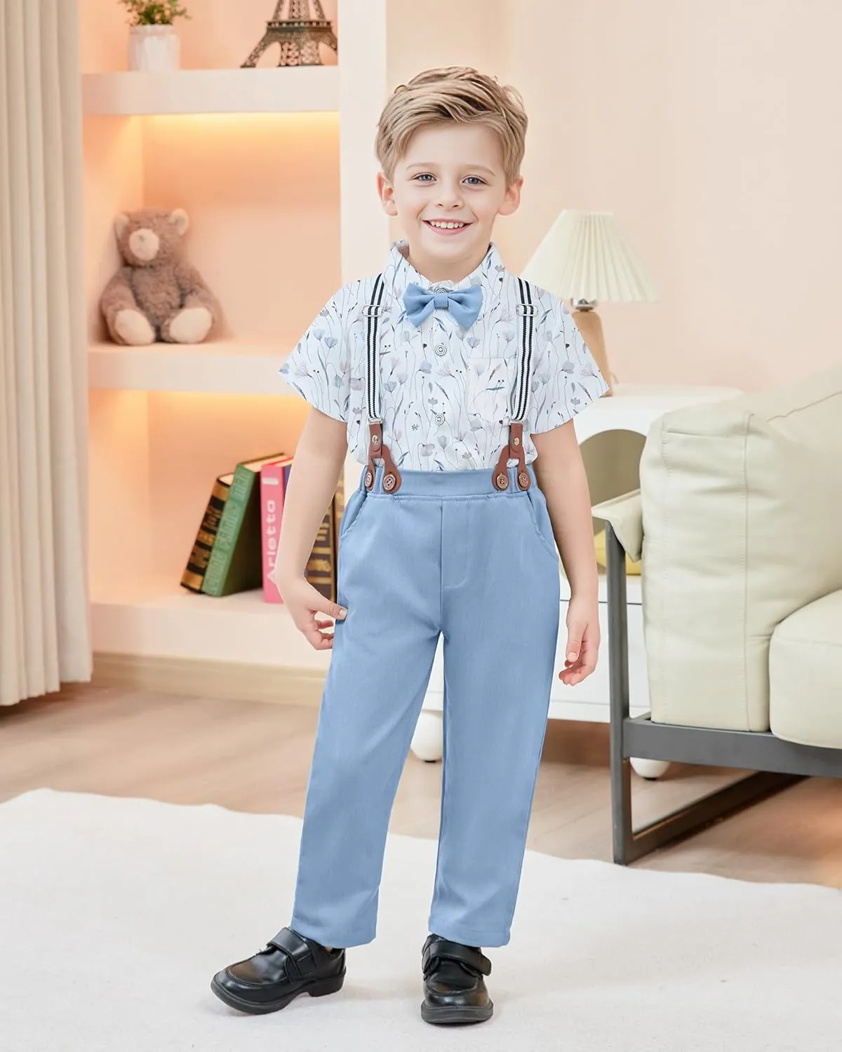 ZOEREA Boys Clothes Formal Suit Gentleman Wedding Outfit Short Sleeve Shirt with Bow Tie and Suspender Pants 2-10 Years